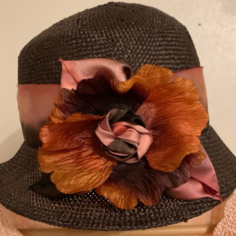 Elegant Black Hat with Pink and Orange Floral Accent